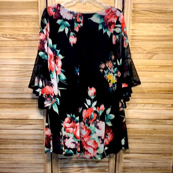 MTS Floral Flare Sleeves Lined Blouse Size Med Retro Boho Red Green Pink Black - Picture 7 of 8